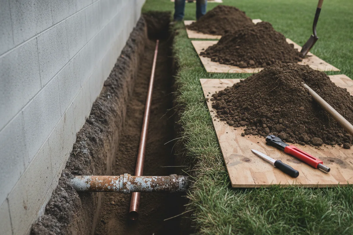 Excavated water line trench during Water Softener Installation in Stockton